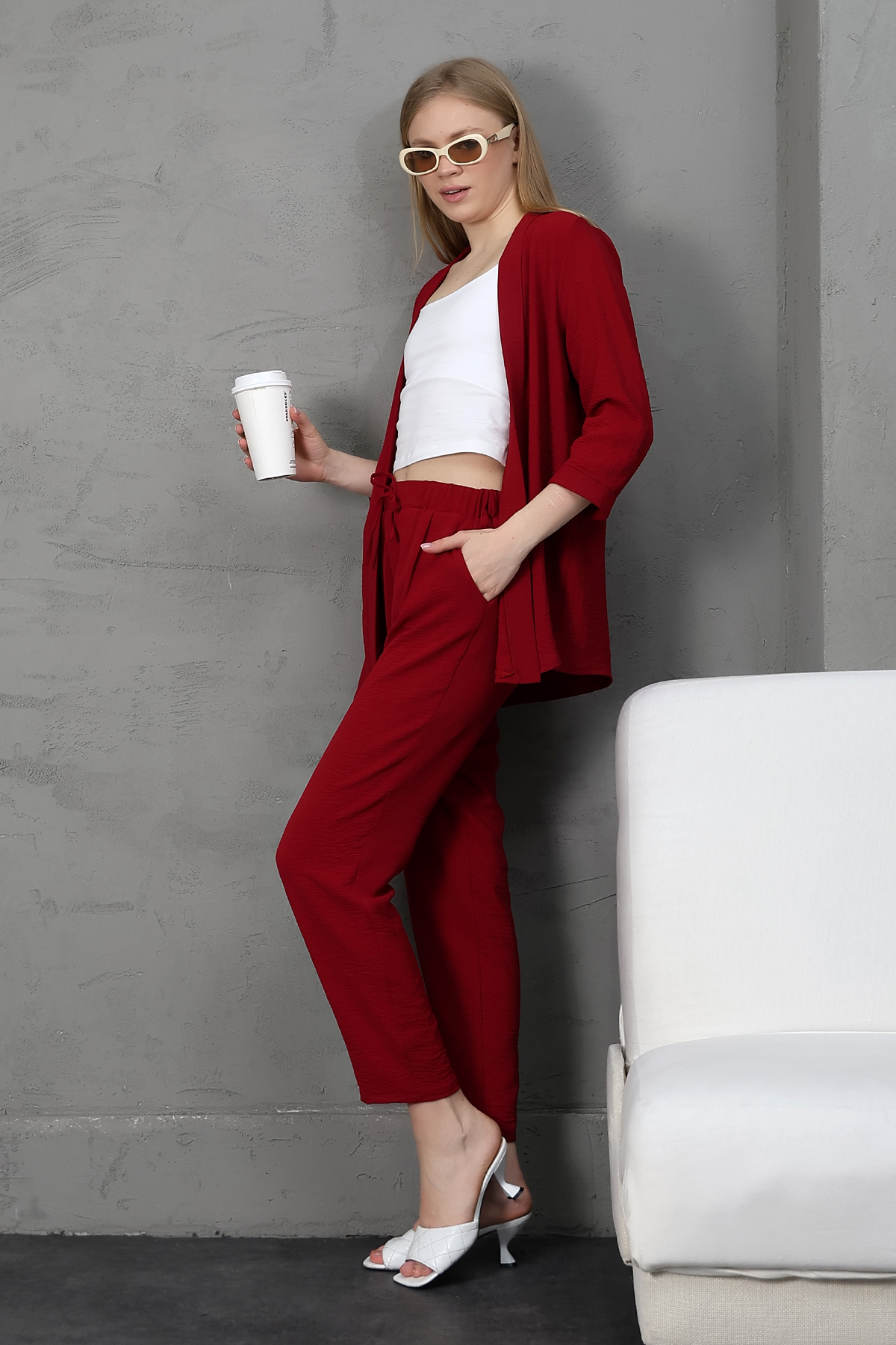 Ayrobin kumaştan kimono model ceket pantolon takım S-M-L-XL Ayrobin kumaştan kimono model ceket pantolon takım S-M-L-XL