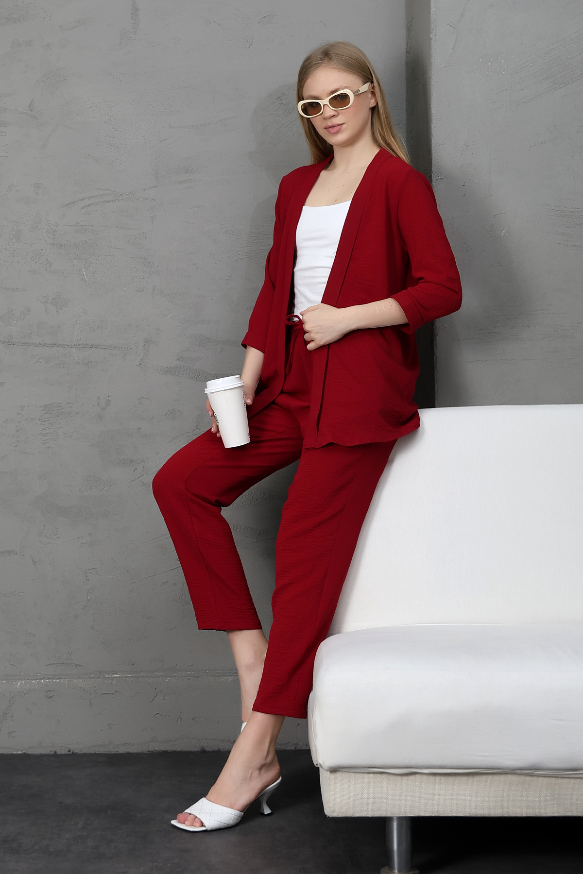 Ayrobin kumaştan kimono model ceket pantolon takım S-M-L-XL Ayrobin kumaştan kimono model ceket pantolon takım S-M-L-XL