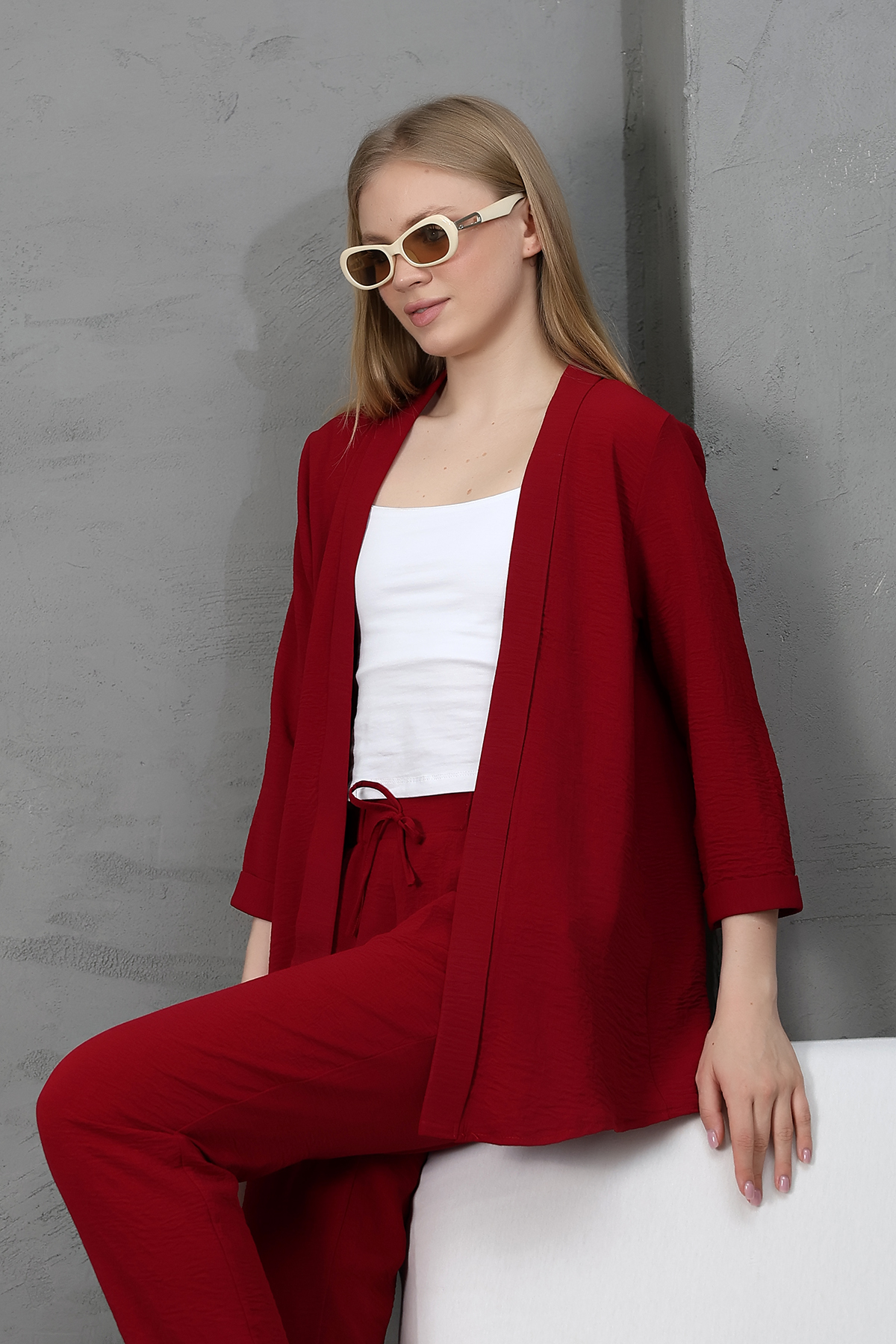 Ayrobin kumaştan kimono model ceket pantolon takım S-M-L-XL Ayrobin kumaştan kimono model ceket pantolon takım S-M-L-XL