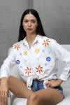 Deniz yıldızı nakış desen flam keten owersize beyaz gömlek